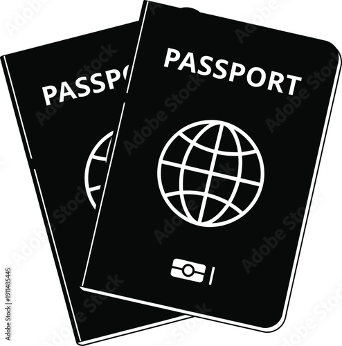 Two black passports with globe and electronic chip icons, symbolizing travel and international identity. Clean vector illustration.