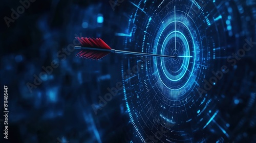 Arrow hitting archery target bullseye symbolizing precision success in business strategy marketing AI technology, dark blue data analysis digital background, futuristic sharp high resolution tech desi