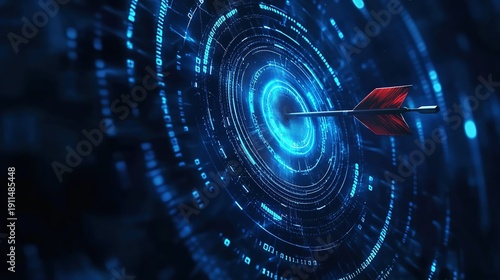 Arrow hitting archery target bullseye symbolizing precision success in business strategy marketing AI technology, dark blue data analysis digital background, futuristic sharp high resolution tech desi