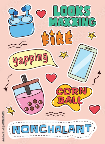 Gen z slang sticker pack with cute doodles