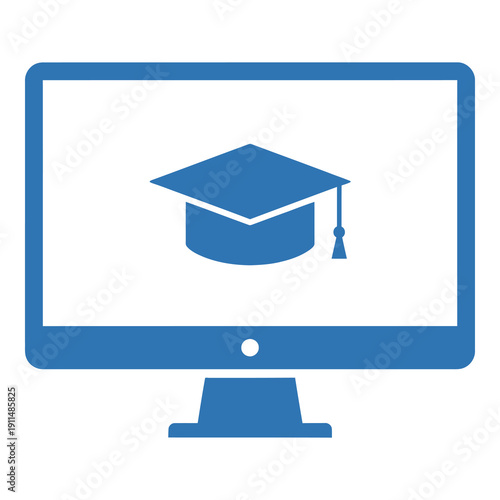 Computer monitor with graduation cap on screen symbolizing online education system icon