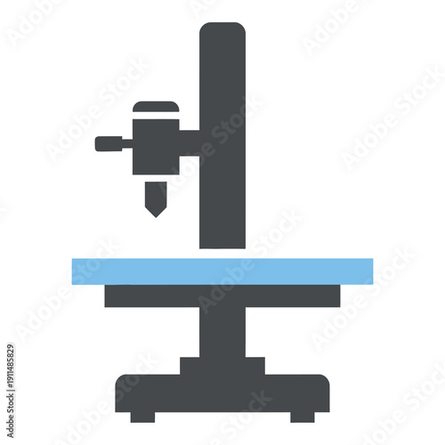 Simple gray microscope icon with blue stage on white background icon