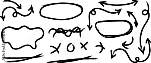 A collection of hand drawn black and white arrows loops and abstract shapes are sketched on a white background displaying directional flow