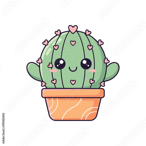 A cute cartoon cactus with hearts sits in a pot on a white background smiling.