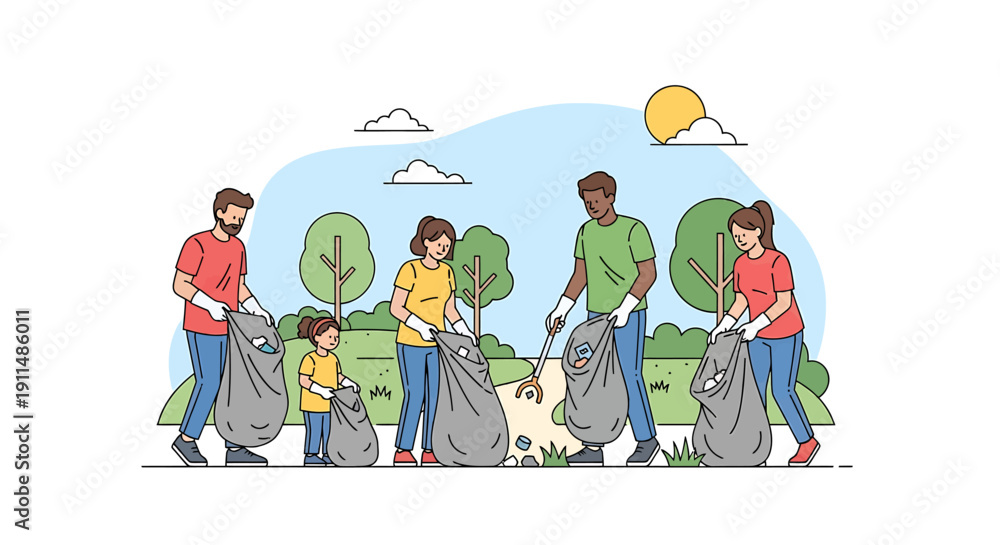 Fototapeta premium A diverse group of people, including a child, cleaning up litter in a park, promoting environmental protection and community service.