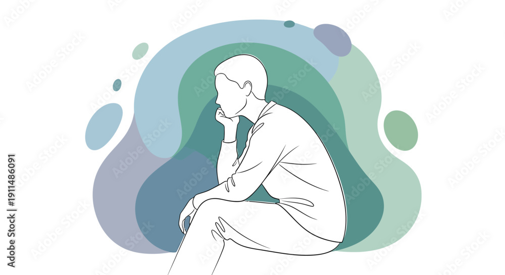 Obraz premium Line drawing of a thoughtful person sitting with hand on chin, against a background of abstract blue and green shapes.