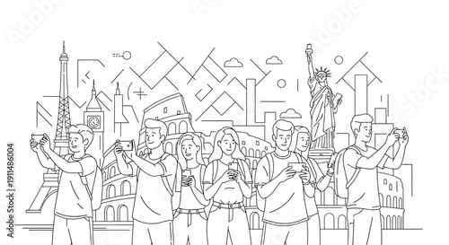 Group of tourists taking photos with smartphones in front of famous world landmarks in a line art illustration.