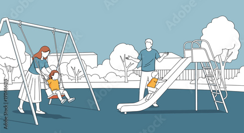 A family with two young children enjoying playtime at a park playground, with a mother pushing a child on a swing and a father helping another child on a slide.