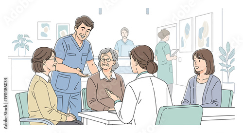 Healthcare professionals consulting with elderly patients and family members in a clinic setting.