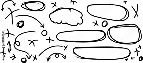 A collection of hand drawn black and white sketches depicts various abstract shapes arrows and a roughly drawn eye on a white background