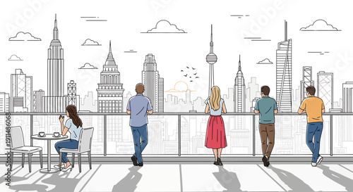 People on a rooftop terrace admiring a global city skyline with iconic buildings drawn in line art illustration.