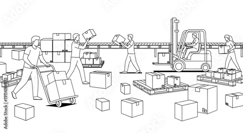 A black and white line art illustration showing a busy warehouse with workers, a forklift, and conveyor belts handling numerous boxes and packages.