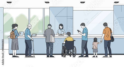 People waiting in line at a service counter with a receptionist, including diverse individuals like an elderly man, a person in a wheelchair, and a parent with a child.