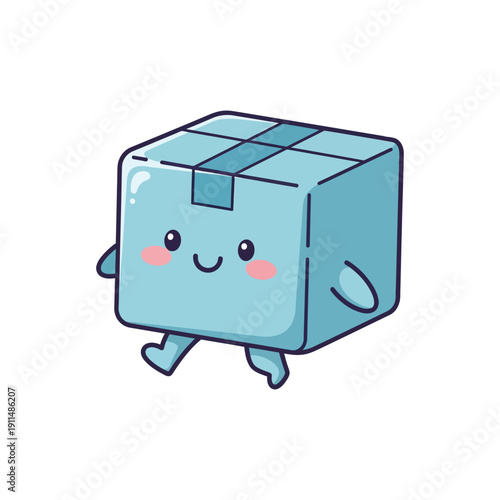A cute blue cube character with a smiling face walks forward with legs.