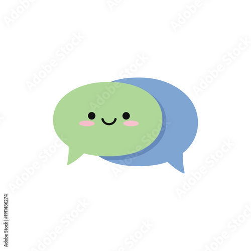 A smiling green speech bubble chats with blue bubble.