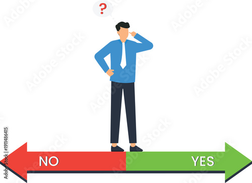 Businessman standing difficult decision choosing direction question mark above head yes no option right wrong path business strategy concept