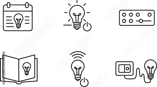 Creative Technology Icon Set With Lightbulb Calendar Book Power Switch And Audio Control Slider Vector Outline Line Art