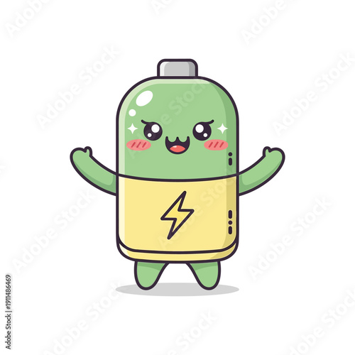 A cartoon battery character with a cute face and arms outstretched in a playful pose