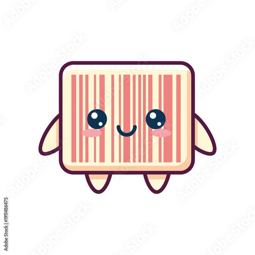 A cute cartoon barcode character with smiling face and arms on white background illustration.