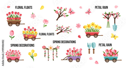 Colorful vector illustration of a spring flower procession with floral floats, decorations, and petal rain, featuring various flower arrangements in carts and on trees.