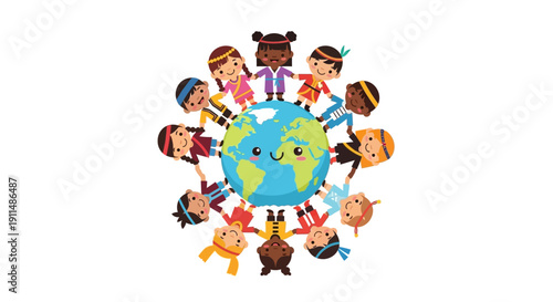 Illustration of diverse children and a globe, symbolizing global tourism resilience and family travel on a colorful, joyful vector.