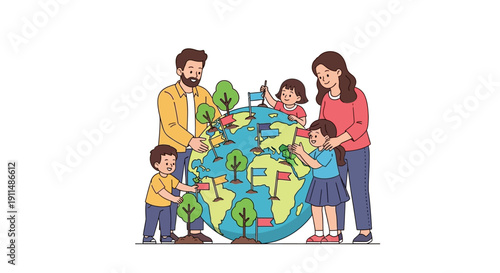 Illustration of a family with kids standing around a globe, symbolizing tourism and resilience on Global Tourism Resilience Day with a happy and hopeful mood.