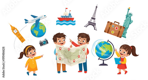 Illustration of a happy family with kids exploring a map surrounded by travel-related icons on Global Tourism Resilience Day, symbolizing tourism comeback and family tourism.