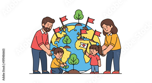 A family of four nurturing a globe with trees and flags, symbolizing environmental care and global unity in a colorful illustration
