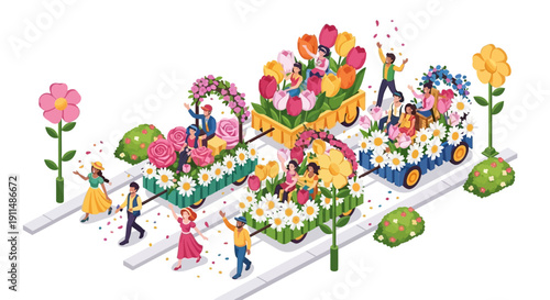 Vector illustration of a colorful floral parade procession with people and floral floats and decorations in a spring carnival setting.