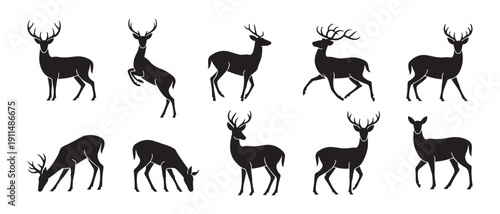 Collection of black deer icons.Logo of deer.Deer simple icon.Reindeer vector symbols.Set of deers vector illustration.