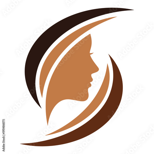 Woman face profile silhouette in brown tones with curved lines  graphic design element icon