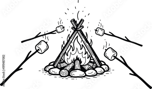 Hand-drawn style illustration of a campfire with burning logs and flames, surrounded by rocks, with four marshmallows on sticks toasting. Cozy outdoor scene.