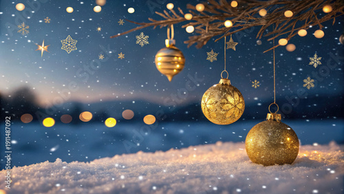 Golden christmas ornaments hanging from a snowy tree branch at night