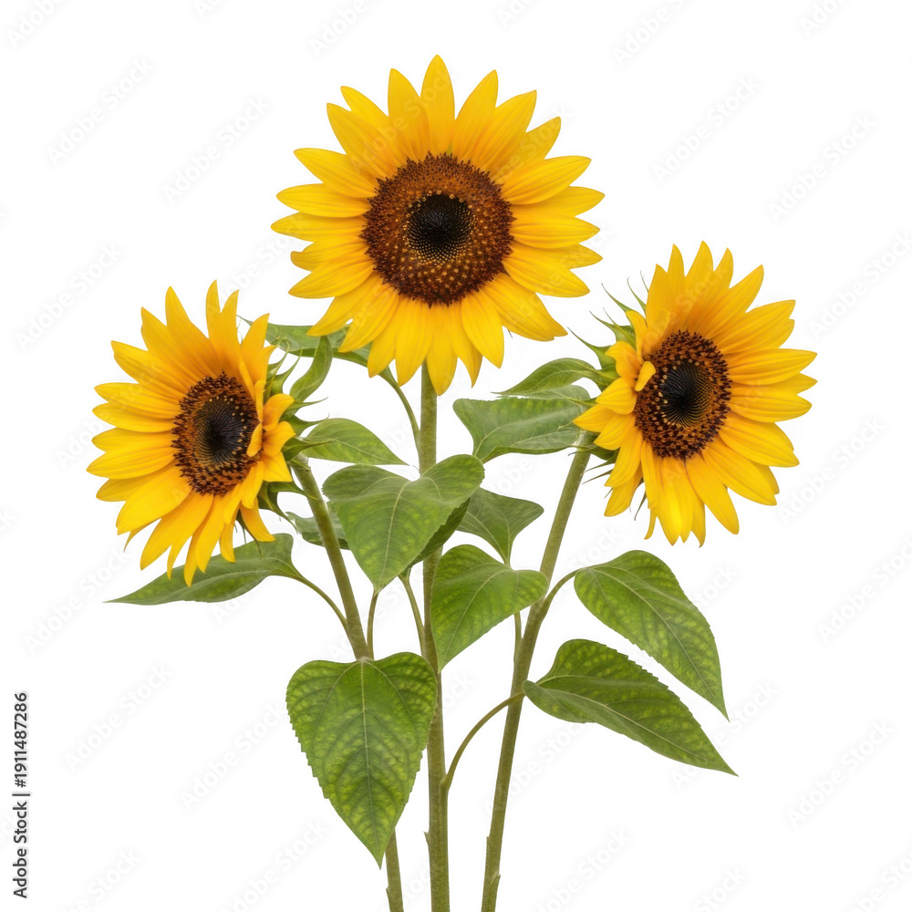 Obraz premium Three vibrant sunflowers with bright yellow petals and dark centers isolated on transparent background