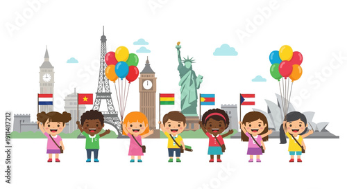 Illustration of diverse children with flags and balloons standing in front of famous landmarks on Global Tourism Resilience Day promoting tourism comeback and family travel