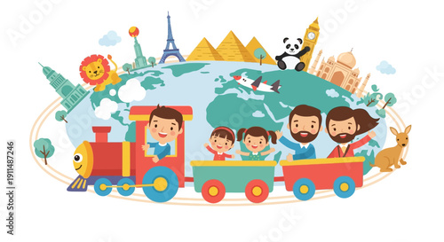 Illustration of a happy family with kids on a train traveling around the globe on a tourism resilience day with a map and landmarks.