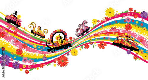 Vibrant floral parade procession with colorful flower decorations and vector illustrations on a wavy ribbon, set against a white background with a joyful spring carnival atmosphere.