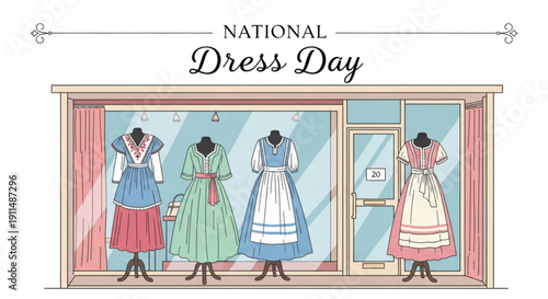 Four women in vintage dresses displayed in a storefront on national dress day with colorful outfits and mannequins