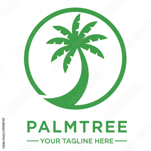 Green palm tree logo with circle and text on white background icon