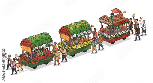 Vector illustration of a vibrant floral parade procession with people walking alongside colorful flower floats and decorations in a festive spring carnival setting.