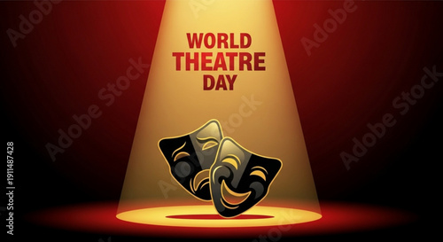Theatrical masks under spotlight on world theatre day symbolizing drama and performance