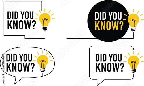 Four graphic elements with the text 'Did You Know?' and a glowing lightbulb symbol. Vector illustrations for trivia, facts, and interesting information.