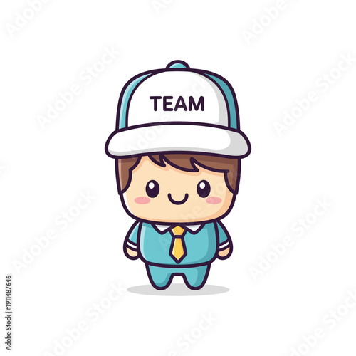 A cartoon character wearing a Team hat and a blue suit is smiling.