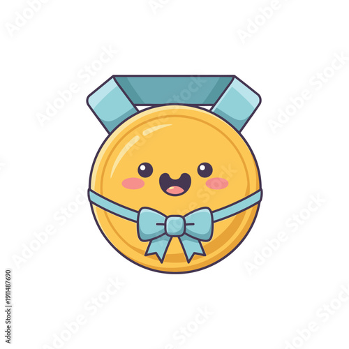 A cartoon gold medal with a blue bow and ribbon is smiling.