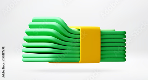 3D Stack of green paper currency with yellow band. Financial savings concept. Cash for wealth management, investment, or banking. Vector illustration