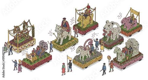 Vector illustration of a vibrant floral parade procession with colorful floats, people, and carnival decorations in a lively city setting.