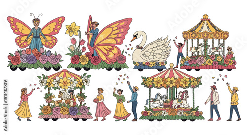 Colorful vector illustration of a floral parade with people, carnival floats, and decorations, featuring a butterfly, swan, and merry-go-round, set against a white background with a joyful
