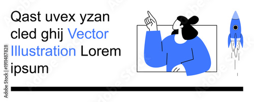 Innovation, business growth, creativity, goal planning, technology, inspiration. A person gesturing towards the sky next to a launching rocket. Innovation and business growth concept
