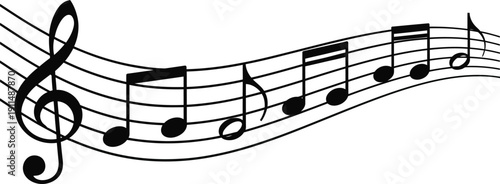 Musical staff with a treble clef and a flowing line of black musical notes. Simple vector illustration representing music, melody, and song.