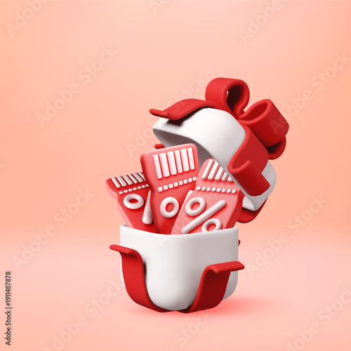 3D Red discount coupon cards with percentage symbols inside a white gift box with red ribbon for special offer promotion. Vector illustration